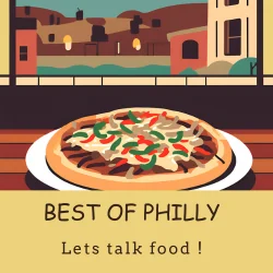 Ad Banner for BestofPhilly. It features an colorful illustration of a phillycheesesteak pizza on a table, inviting food lovers to check out the site and talk food