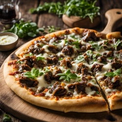 A close up shot of a oxtail cheesesteak sandwich. Topped with fresh basil, oxtail and melted cheese